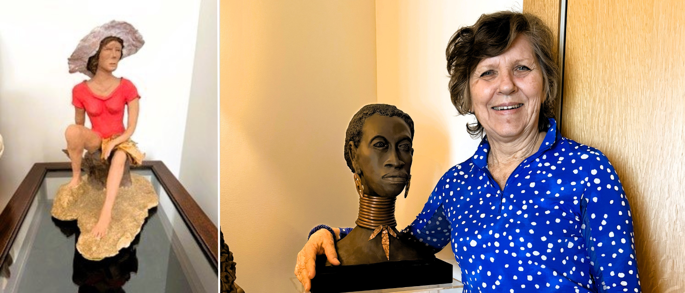 Barbara poses with one of her sculptures
