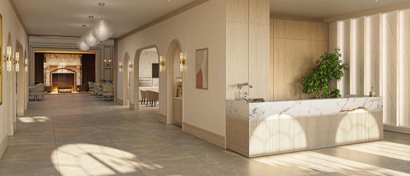 Rendering of the carrara marble in the lobby and lounge at Inspīr Embassy Row